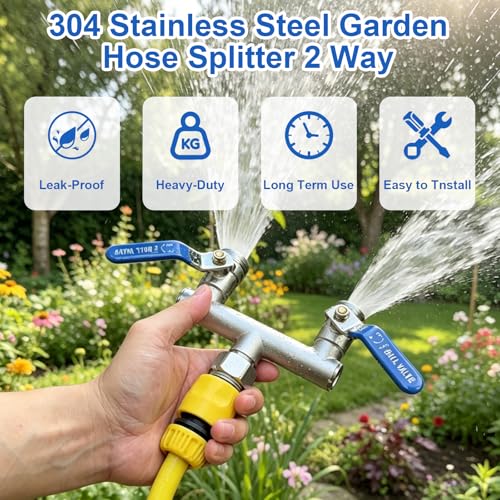 2 Way Garden Hose Splitter, 304 Stainless Steel T Valve, Full Flow with Long Handle, Lead-Free Rust & Freeze Resistant, 3/4" GHT Thread Outdoor Hose Adapter