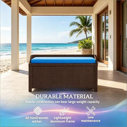 34 Gallon Outdoor Storage Bench, Rattan Wicker Deck Box with Blue Cushion - color: Blue,Coffee
