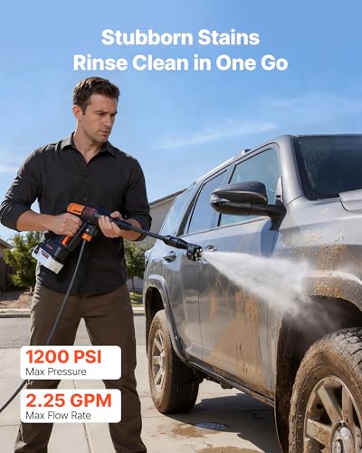 VEVOR Cordless Pressure Washer, 1200PSI MAX Portable Pressure Washer with Brushless Motor, 6-in-1 Nozzle & Water Hose, 4 Speed Adjustable, Battery Powered Handheld Power Cleaner for Home Garden Patio