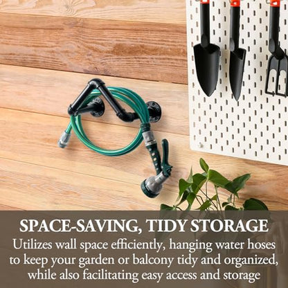MyGift Black Metal Pipe Garden Hose Holder, Wall Mounted Hose Rack - color: Black