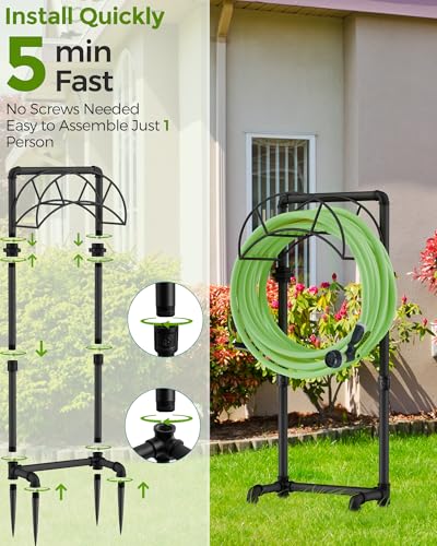 LAND·VOI Freestanding Garden Water Hose Storage Holder Stand for Outside, 160-Ft Hose Heavy Duty Metal Hanger Reel Organizer Outdoor Yard Lawn, Standing Keeper Rack with Ground Stake, Black GHH02B - size: 4 Spikes