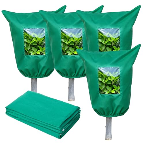 Plant Covers Freeze Protection - 4 Pack Winter Frost Tree Plant Shrub Cloth with Zipper Drawstring Transparent Pane, Frosts Blanket Wrap Bags for Outdoor Cold Weather (Green, 47''×31'')