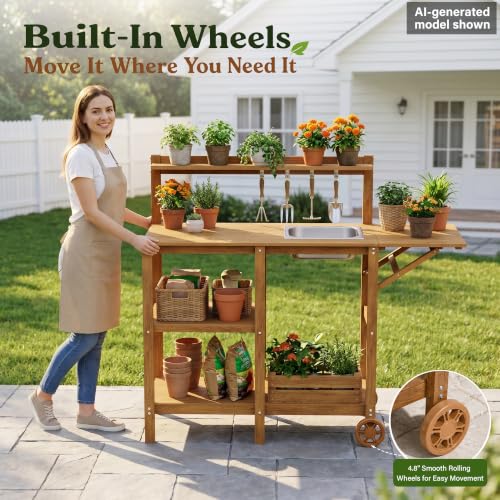 YEFU Potting Bench with Sink, All-Weather Resistant,Teak - color: Teak, size: Premium