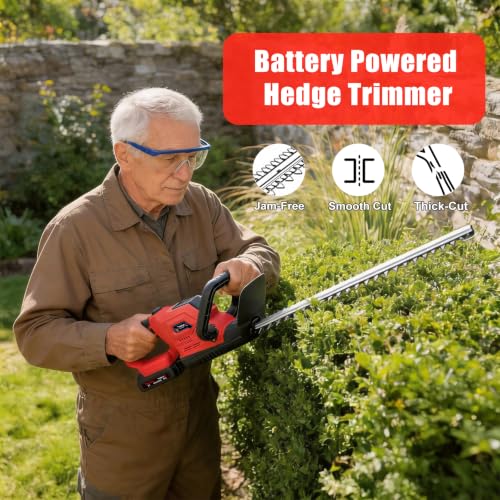 22" Cordless Hedge Trimmer, Electric Bush Trimmer with 2 Pack Battery - color: Red