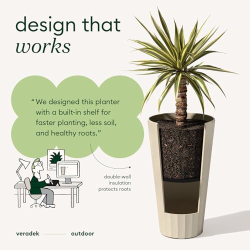 Veradek Column Series Tall Planter - Tapered Outdoor Planter with Shelf - color: Sand, style: Wide Groove - 2 Pack