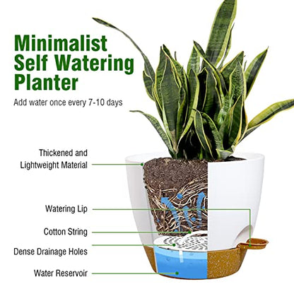 UOUZ Large Self Watering Pots, 12/10/9 Plastic Planters with High Drainage Holes and Deep Reservoir for Indoor Outdoor Garden Plants and Flowers, White with Brown - color: White With Brown