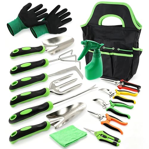 15Pcs Garden Tool Set Heavy Duty Stainless Steel Gardening Hand Tools with 5 Garden Shears Non-Slip Rubber Grip Spade Shovel Organizer Handbag Gardening Gifts for Family Friends