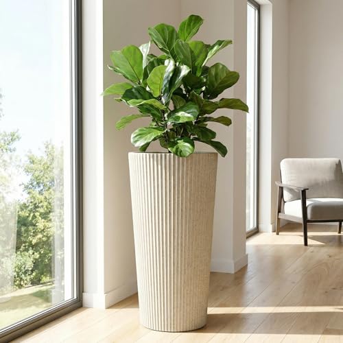 24" Tall Round Planters for Outdoor Plants Fluted Finishes - Beige - color: Beige