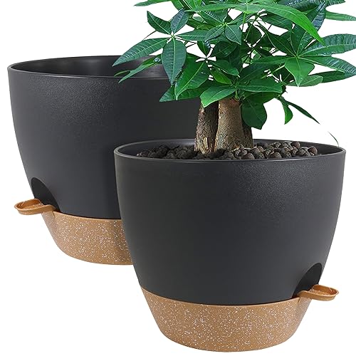 UOUZ 12inch 2Pack Large Self Watering Planters, Plastic Plant Pots with 60oZ Removable Deep Reservoir and Multi Mesh Drainage Holes for Indoor Outdoor Garden Plants and Flowers, Black with Brown - color: Black With Brown