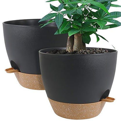 UOUZ 12inch 2Pack Large Self Watering Planters, Plastic Plant Pots with 60oZ Removable Deep Reservoir and Multi Mesh Drainage Holes for Indoor Outdoor Garden Plants and Flowers, Black with Brown - color: Black With Brown