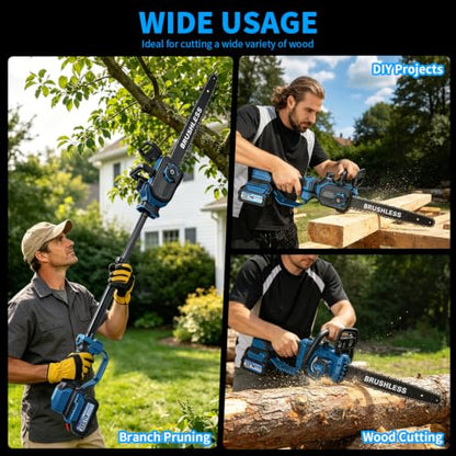 12" Brushless Telescopic Chainsaw, 2-IN-1 21V Cordless Electric Chain Saw with 2 x 4.0Ah Batteries and Charger, Tool-Free Chain Tension, Power Chain Saws for Tree Trimming, Wood Cutting
