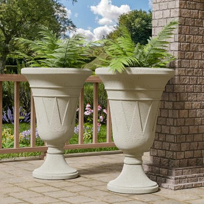 Tall Plastic Urn Planters and Pedestal - 24" Outdoor Planter Beige - color: White-trophy