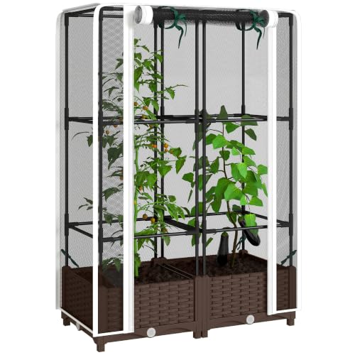 Outsunny Raised Garden Bed with Trellis 46.5" Tomato Cage Crop Cage White