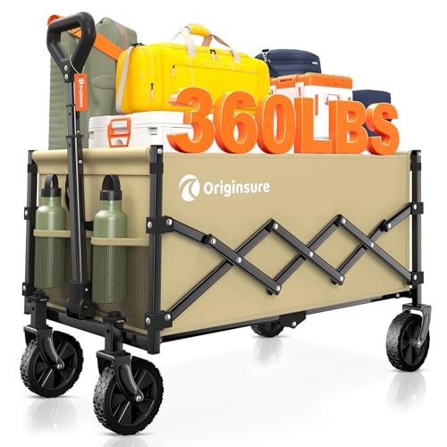 Originsure 110L Portable Collapsible Wagon Cart, 360lbs Heavy Duty, Khaki - color: Khaki