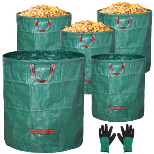 5-Pack 72 Gallon Yard Waste Bags,Reusable Collapsible Garden Leaf Bags with Plastic Ring,Standable,with Gardening Gloves,for Camping & Recycling Leaves,Lawn Debris & Grass Clippings