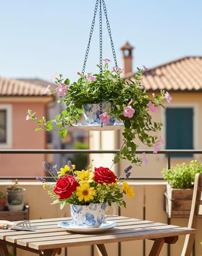 TEATALK Hanging Planters for Indoor Plants, Ceramic Pots with Drainage Hole, 6.3 Inch Hanging Planter with Chain, Outdoor Hanging Baskets for Plants, Blue Flowers, Cup Shape - style: Blue Flower