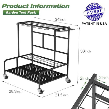 Garden Tool Organizer Rack with Wheels Up to 39 Tools, Heavy-Duty Steel Yard Tool Organizer for Garage Storage with 12 Hooks, Broom Holder & Garden Tool Rack for Shed, Patio, Outdoor Use, Black - style: Rack With Accessories