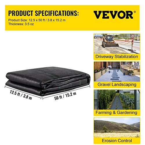 VEVOR Weed Fabric Barrier Heavy Duty, 12.5x50ft 3.5oz Weed Blocker Fabric, Woven Landscape Fabric, Garden Fabric Weed Barrier, Weed Control Fabric Ground Cover, Geotextile Fabric, Gardening Mat, Black - size: 12.5FT*50FT-3.5OZ, style: Woven