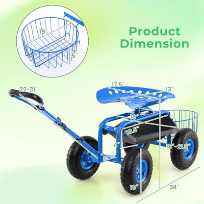Garden Seat with Wheels, Rolling Stool with Extendable Handle, Storage Basket & Tool Tray, Garden Scooter with 360 Degree Swivel Seat for Outdoor & Yard (Blue) - color: Blue