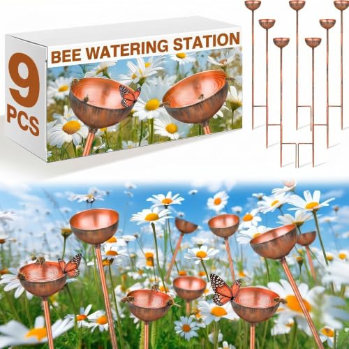 Teenyyou 9 Pcs Bee Watering Station for Garden Metal Watering Cup, Copper - color: Copper