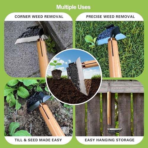 AON Japanese Weeding Sickle & Hand Hoe, 4-Tine Uprooting Garden Tool