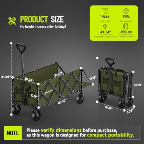 HIKEMOON 43'' Extra Long Folding Wagon with Extended Tailgate, Green - color: Army Green