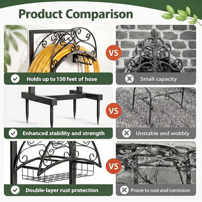 Garden Hose Holder – Freestanding Water Hose Reel Stand Heavy Duty Metal, Outdoor Hose Storage Rack for 150-160FT, Portable Water Hose Holder for Outside Yard Patio Lawn