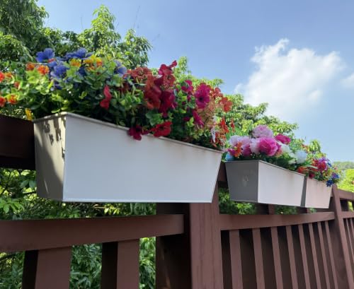 Metal Railing Planter, 16 Inch Rectangular Window Box with Adjustable Brackets, Drainage Holes, for Balcony Deck, 4 Pack (White, Rectangular) - color: White