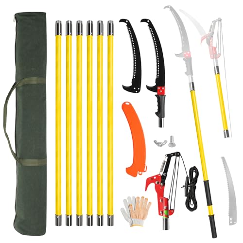 Outvita Manual Pole Saw, 26 Feet Extendable Tree Pruner with Knives and Storage Pocket, Sharp Steel Blade and Scissors High Branches Trimming for Pruning Palms and Shrubs（Yellow） - color: Yellow, size: 26 feet