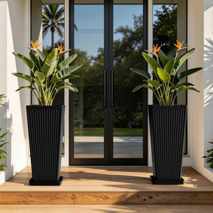 24" Tapered Tall Planters for Outdoor Plants with Tray&Shelf, Black - color: Black2-smooth