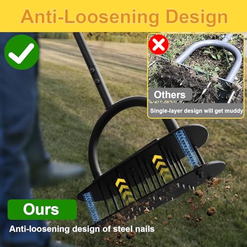 Aerator Lawn Tool, Manual Soil Aerating Lawn with 16 Iron Spikes, Lawn Aerators with Spring Automatic Dirt Clean & 3-Layer Anti-Loosening Design, Pre-Assembled Yard Grass Aerator for Lawn, Garden Tool