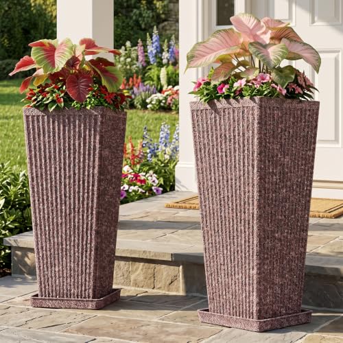 Square Tall Planters for Outdoor Plants with Tray - Stone Finishes - color: Reddish Brown-stone Finishes