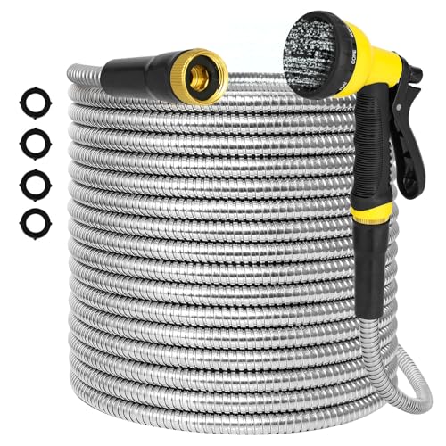 25FT Water Hose, Heavy Duty Stainless Steel Garden Hose with 10 Function Nozzle, Lightweight Metal Hose, No Kink, Leak-proof, Puncture Resistant for Yard, Outdoor, RV