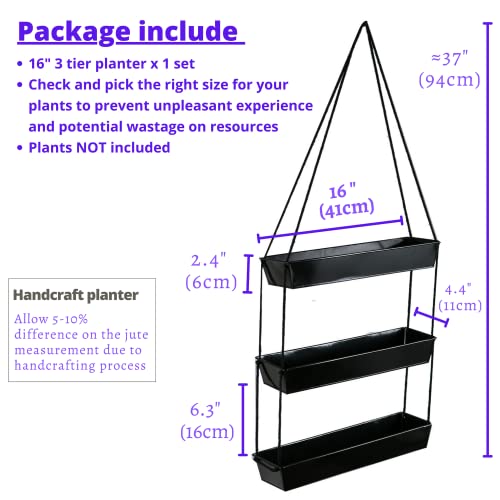 LaLaGreen 16 Inch Wall Mounted Tiered Planter for Indoor Succulent Plants, 3 Tier Modern Black Rectangular Metal Planter - color: Black, size: 16" (40.7cm) x 3 Pack Black