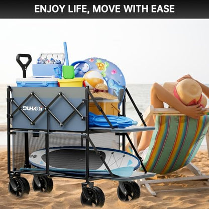 Double Decker Collapsible Wagon with Brakes,Compact with Tailgate - color: Ligjht Blue