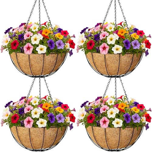 4 Pack Hanging Planters 12 Inch Metal Hanging Planter Basket Flower Pots with Coco Coir Liners Round Wire Plant Holder for Indoor Outdoor Patio Porch Garden Railings Decoration - color: Watermelon