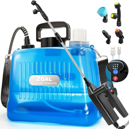Battery Powered Sprayer 2 Gallon, Electric Weed Sprayer with 3 Adjustable Pressure Levels, 4 Nozzles & Extendable Wand, Rechargeable Garden Sprayer for Yard, Lawn, Plants & Fertilizer - color: Blue