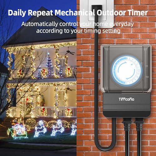 TiFFCOFiO Outdoor Heavy Duty Mechanical Timer Outlet Waterproof, 15 Minutes Intervals, 24 Hour Outdoor Pool Pump Timer with 2FT Cord, 2 Grounded Outlets for Outdoor Lights, 15A/1875W
