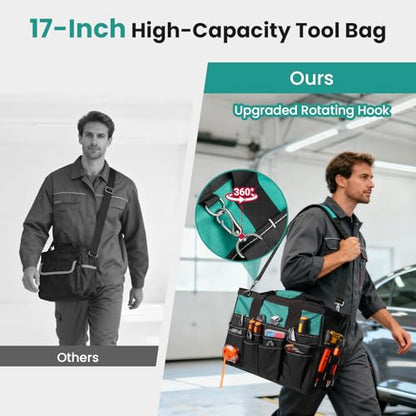 FamilyKit 17-Inch Heavy Duty Tool Bag for Men with 28 Multipurpose Pockets - color: Black-Green Tool Bag