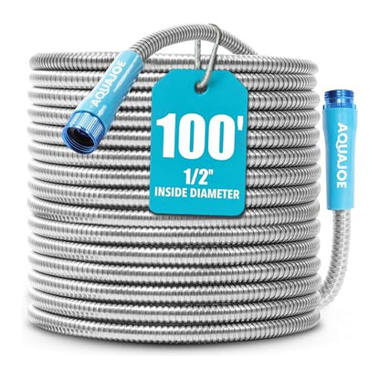 Aqua Joe AJSGH100 1/2-Inch Heavy-Duty, Puncture Proof Kink-Free, Spiral Constructed 304-Stainless Steel Metal, Garden Hose, 100-Foot - style: Aluminum Fitting