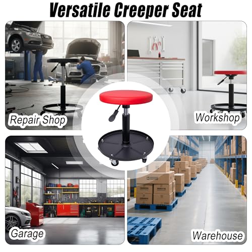 Rolling Mechanic Stool with Wheels Pneumatic Garage Shop Seat,Red - color: Red