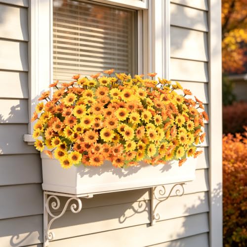 12 PCS Artificial Mums for Outdoors, UV Resistant Fake Fall Flowers - color: Yellow + Orange