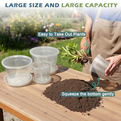 8 Inch Clear Nursery Pots with Saucers, 10 Pack Large Plastic Pot for Plant - size: 8inch-10pcs