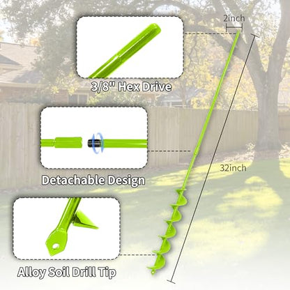 TCBWFY 2x32 Inch Auger Drill Bit for Planting - Long Handle Easy Planter Garden Auger - Bulb & Bedding Plant Augers - Post Hole Digger for 3/8”Hex Drive Drill - size: 2"x32"-Green