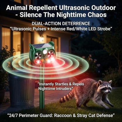 4Pack Upgraded Deer Repellent Devices Solar Ultrasonic Animal Repellent Outdoor with Motion Sensor Strobe Light for Squirrel Raccoon Rabbit Cat Bird Volume Control Keep Pests Out of Yard Farm