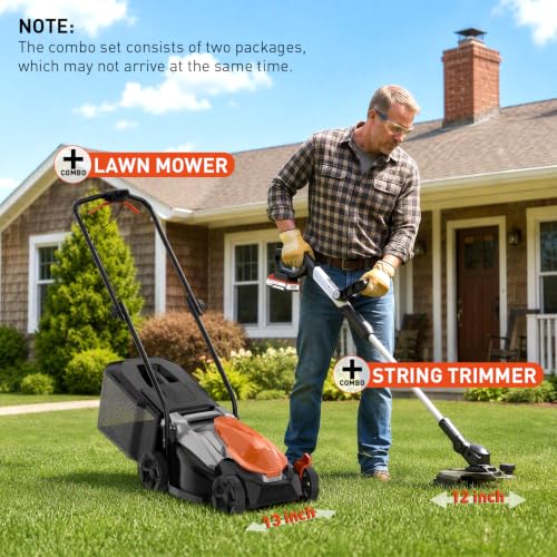 14 Inch Brushless Electric Lawn Mower and 12 Inch Trimmer Combo - color: 14'' Lawn Mower+Weed Wacker, size: 2*5.0Ah+2*2.0Ah
