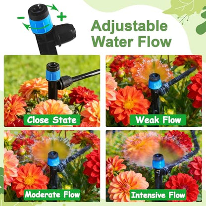 55 Pieces Drip Irrigation Emitters Vortex for 1/4" Tubing, Adjustable 360 Degree Water Flow Irrigation Fan Shape Spray Emitter On 5" Stake for Garden Watering System - color: Blue Lock Emitter-55P
