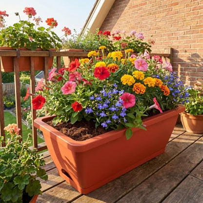 CADUKE Railing Planters Outdoor Balcony, 16.9" Hanging Flower Pots, Fence Planters for Deck Patio Garden with Drain Holes & Detachable Hooks, Red - color: Red