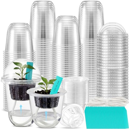 30 Packs 3.3" 4.5" Self Watering Plastic Clear Nursery Pots with Humidity Dome Seed Starter Cups Kits Hydroponic Basket Plant Labels Automatic Watering Planter for Propagation Planting Seedling