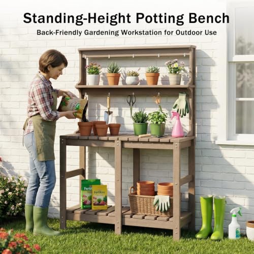 Outdoor Potting Bench with 3 Tier, All-Weather Patio Potting Table with Tool Hooks, HDPE Gardening Table for Backyard, Garden, Brown - color: Brown